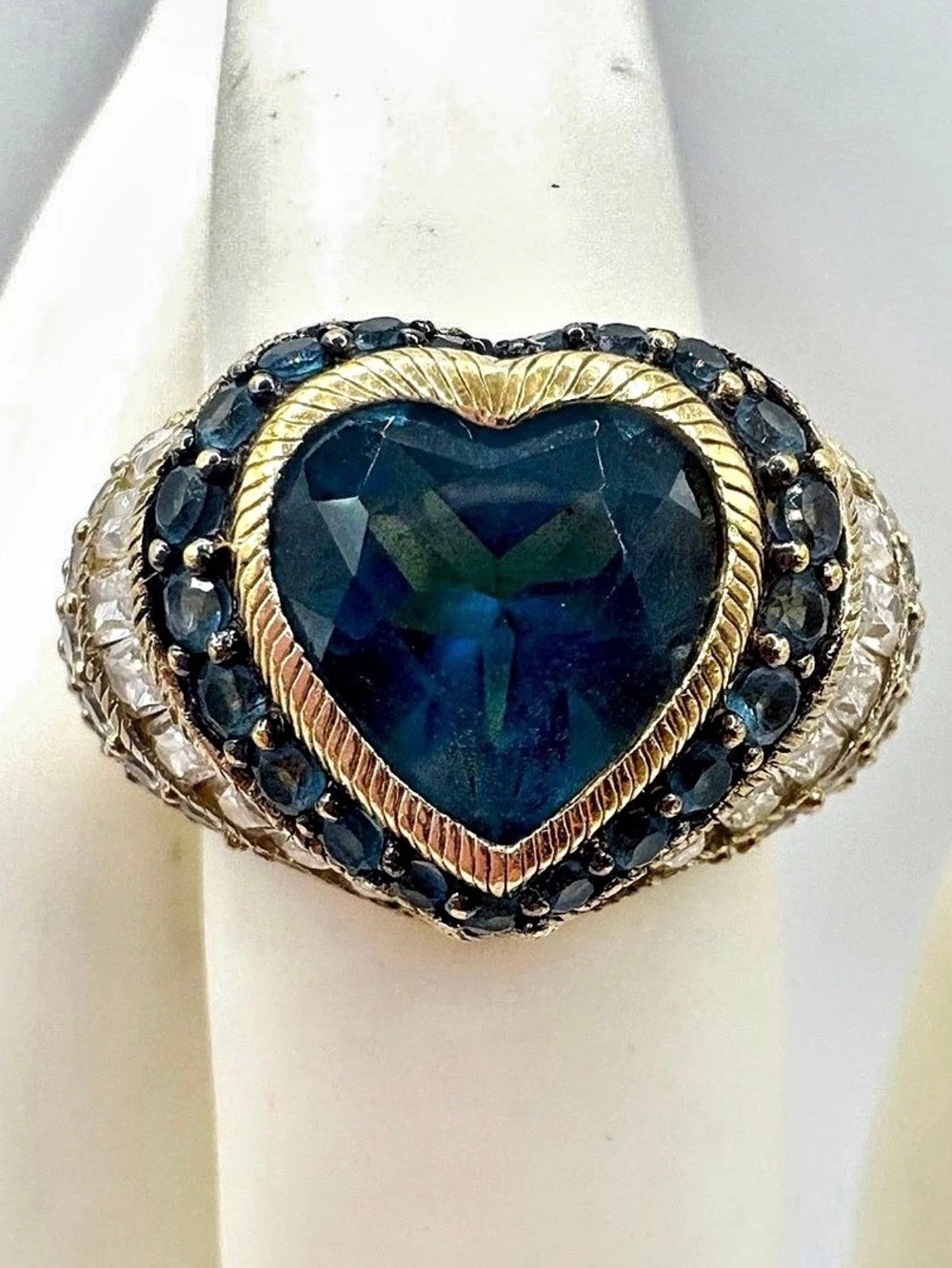 Judith Ripka Gold Over Sterling Silver London Blue Topaz and CZ Heart Ring RARE